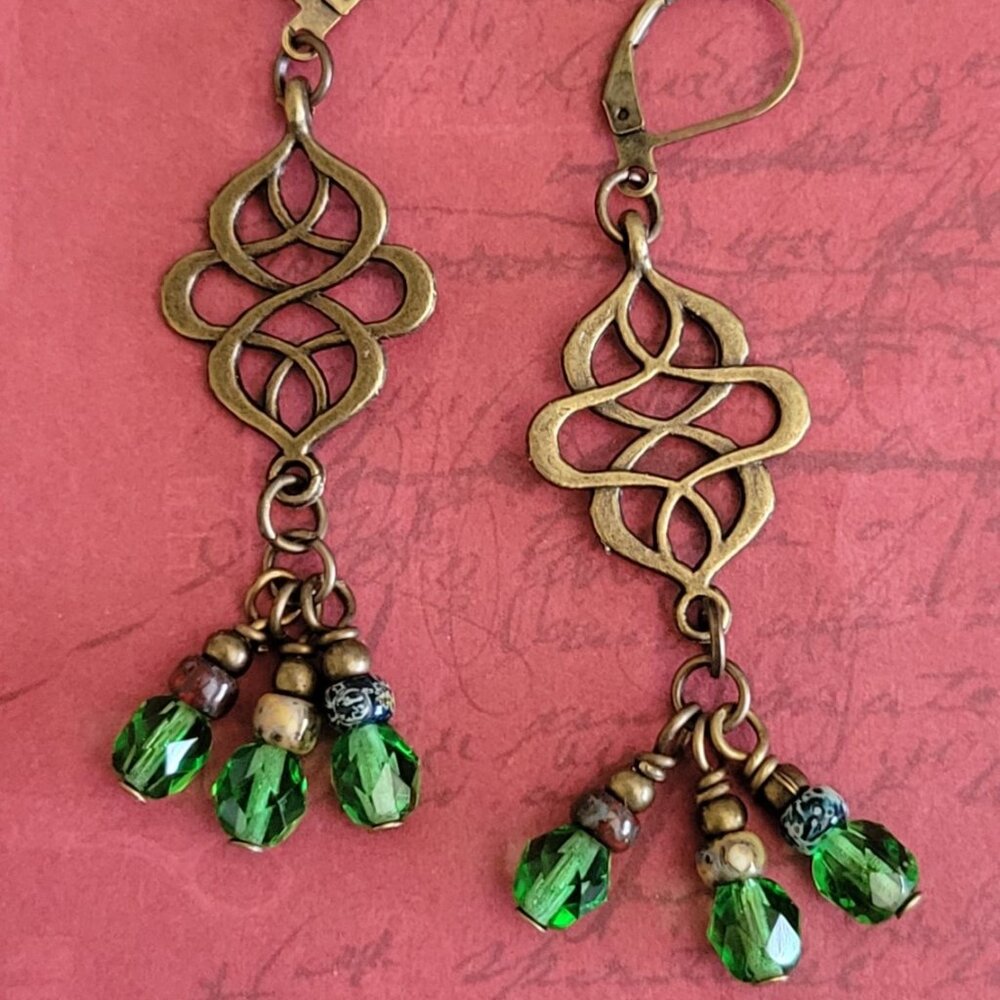 CELTIC KNOT Green Czech Picasso Bronze Earrings Chandelier Lever Back Earwires